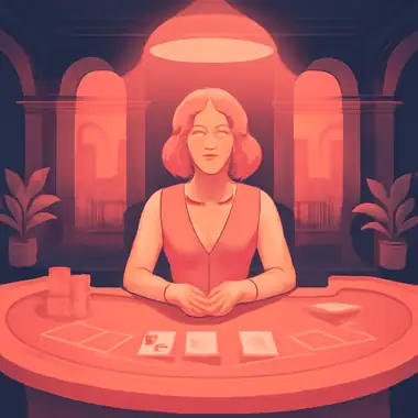 Live casinotafel in perzikroze licht bij Peaches Casino.